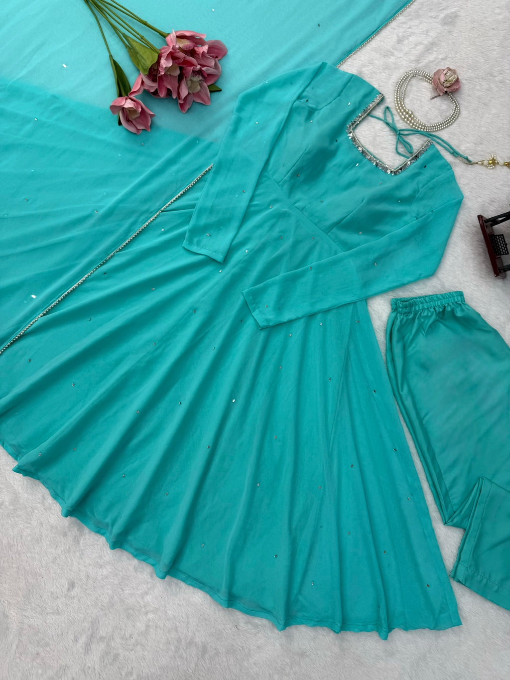 Faux Georgette 7M Flair Anarkali with Real Mirror Handwork & Pearl Lace Dupatta