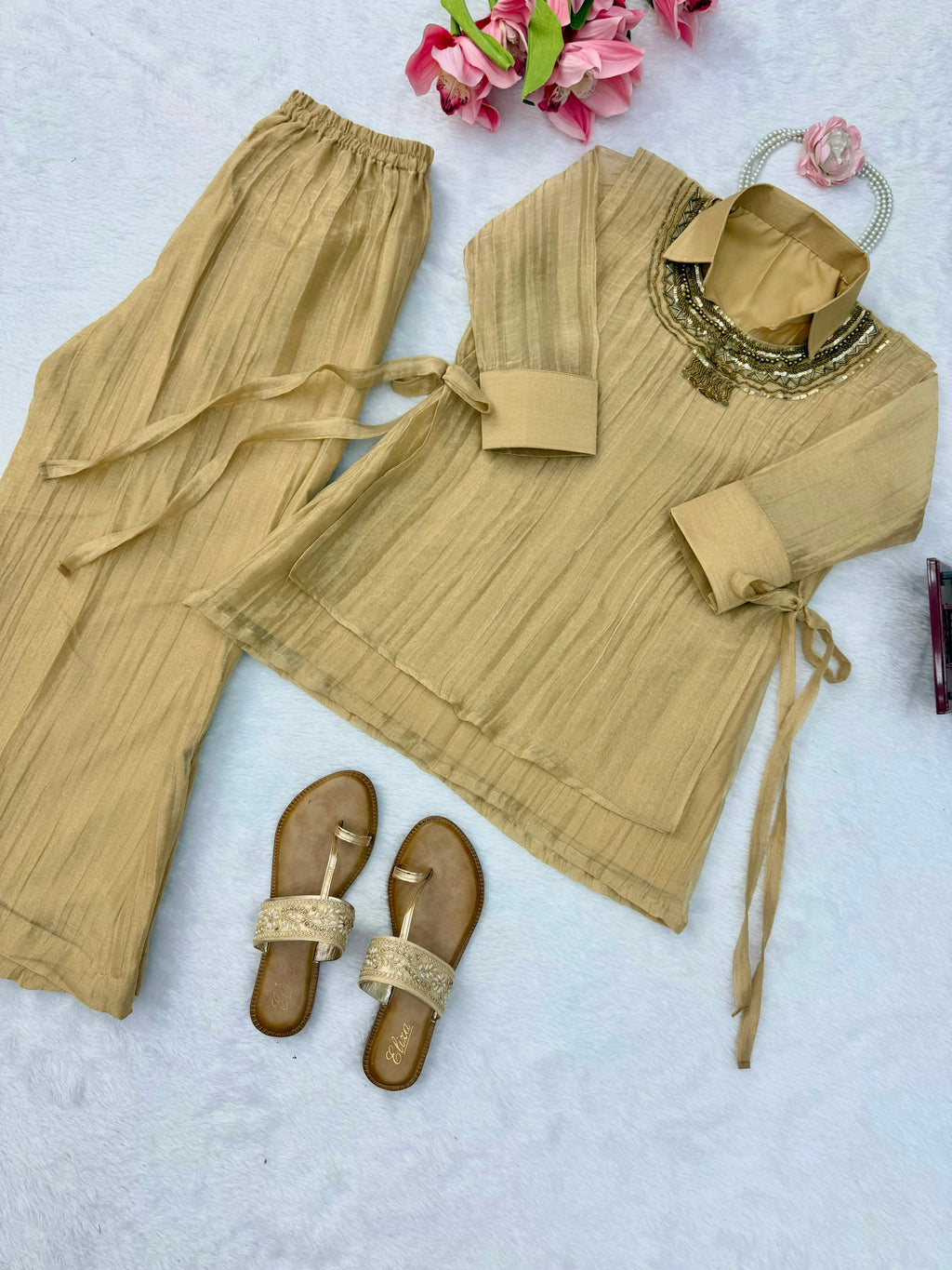 Salsa Crushed 3-Piece Cord Set with Handwork Shrug