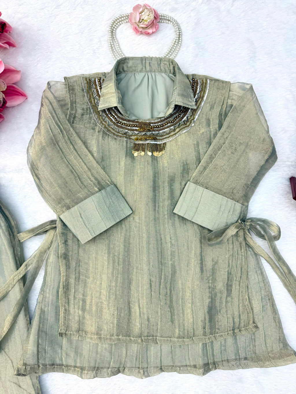 Salsa Crushed 3-Piece Cord Set with Handwork Shrug