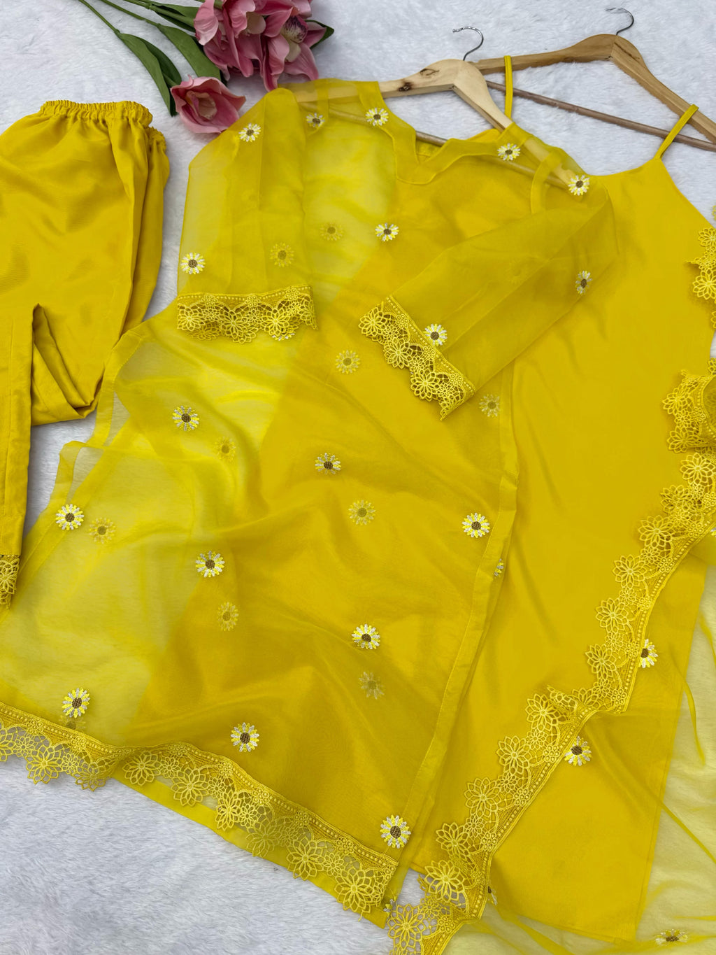 Nylon Organza 4-Piece Set with Thread Work, Fancy Lace & Dupatta