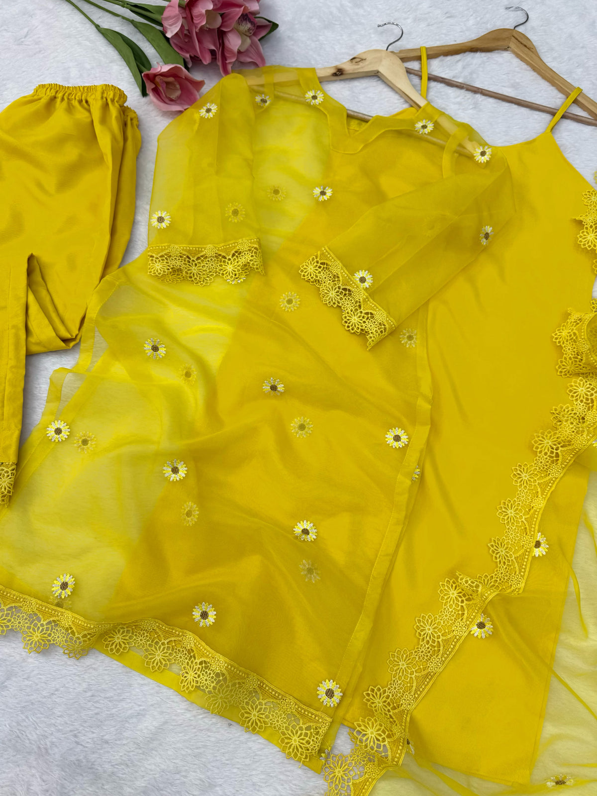 Nylon Organza 4-Piece Set with Thread Work, Fancy Lace & Dupatta