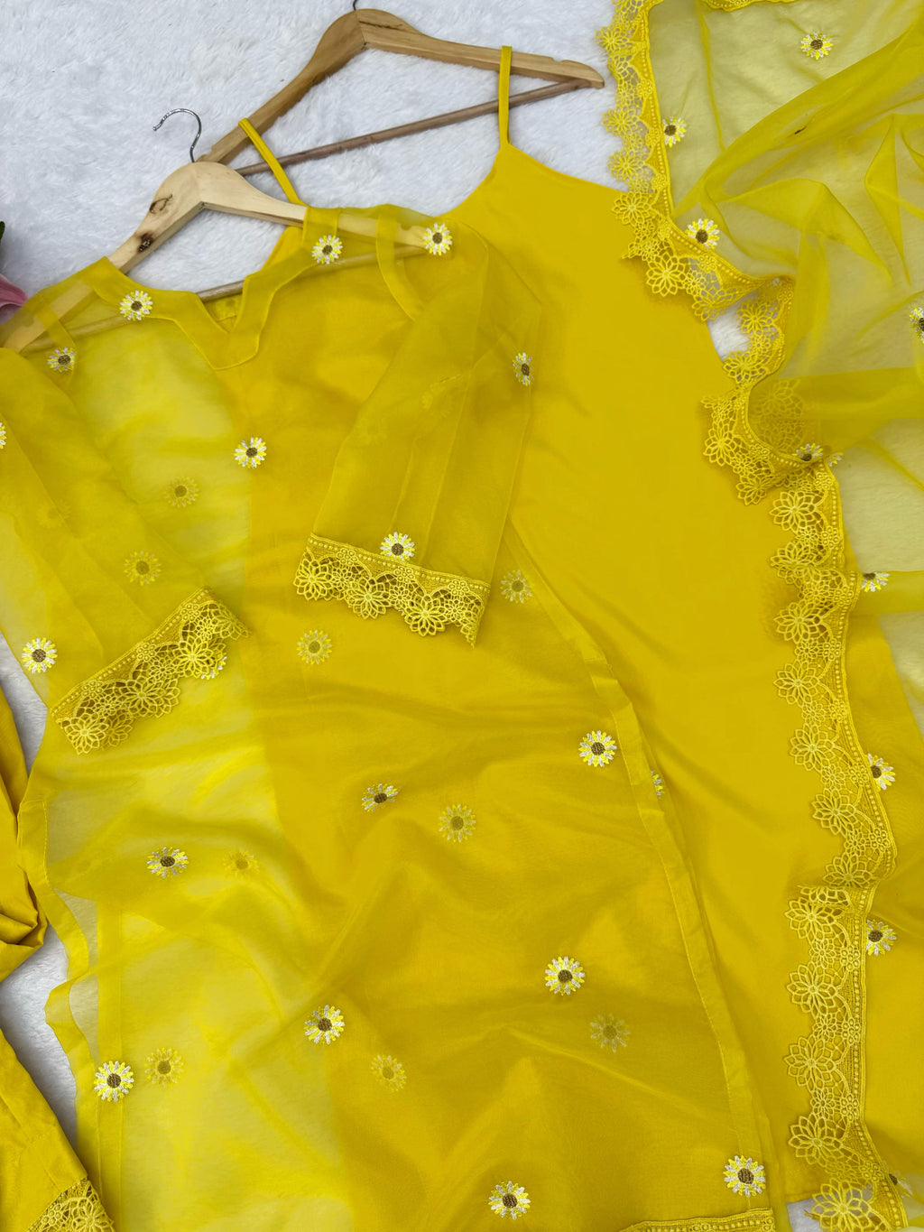 Nylon Organza 4-Piece Set with Thread Work, Fancy Lace & Dupatta