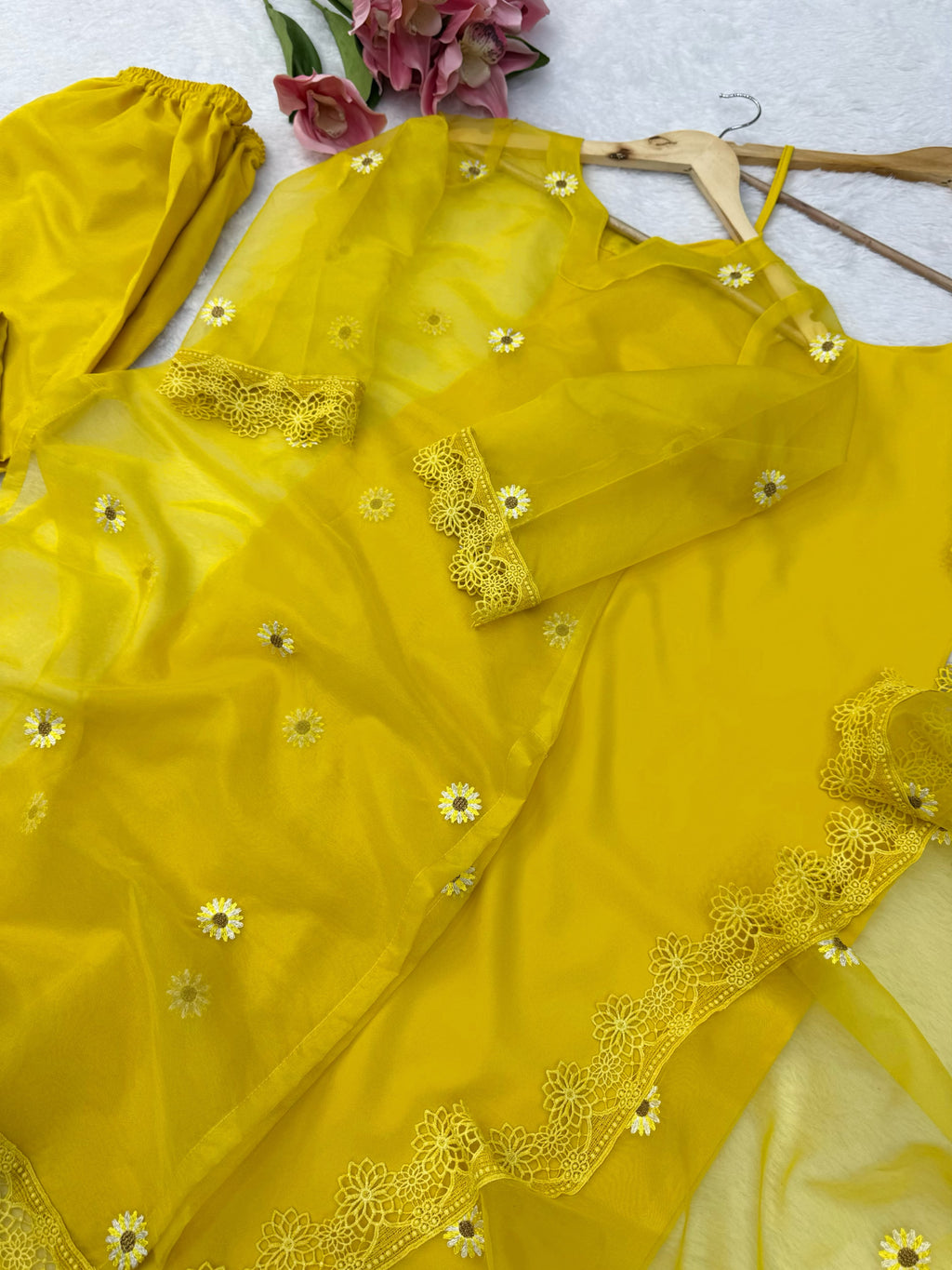 Nylon Organza 4-Piece Set with Thread Work, Fancy Lace & Dupatta