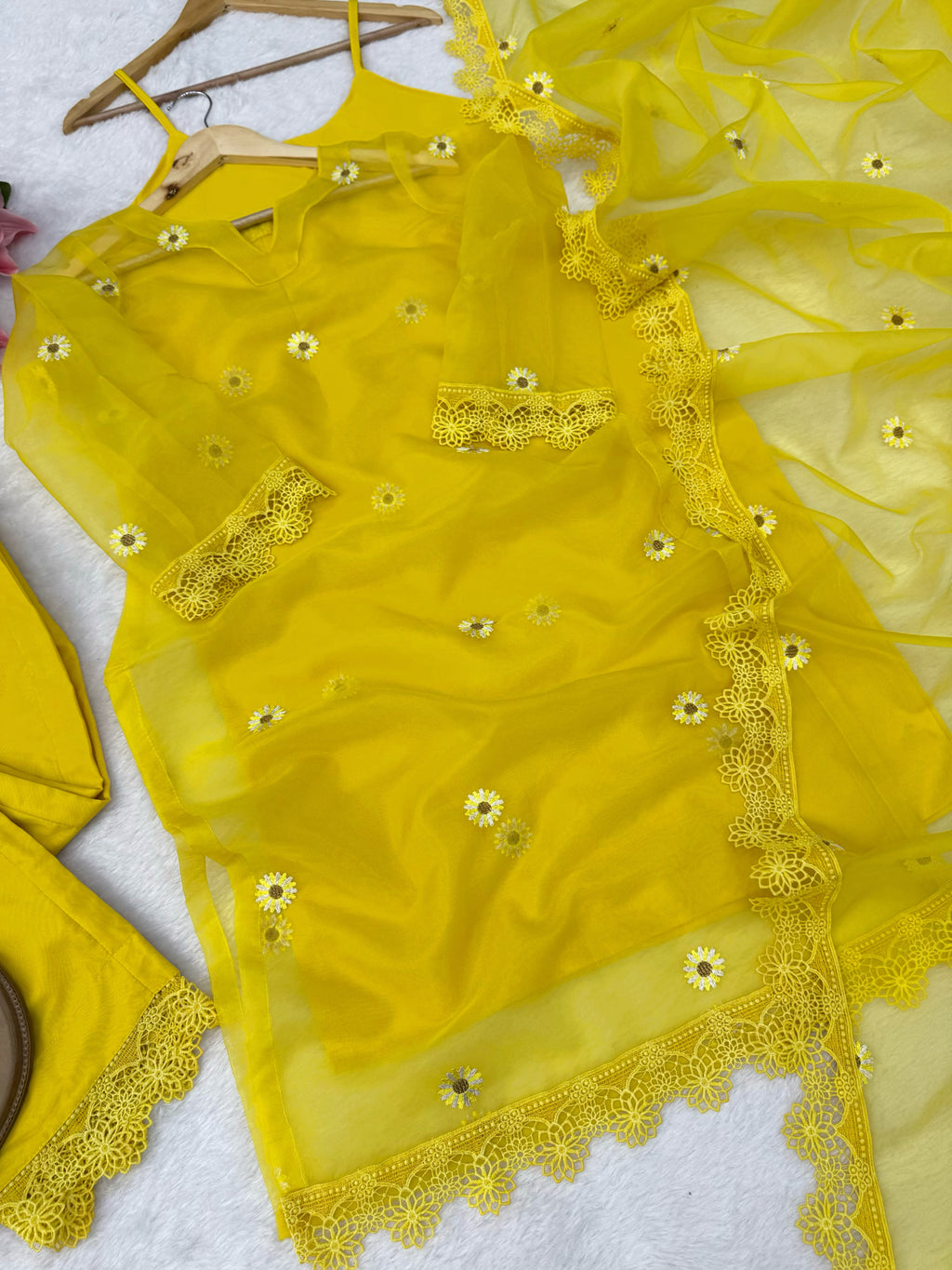 Nylon Organza 4-Piece Set with Thread Work, Fancy Lace & Dupatta