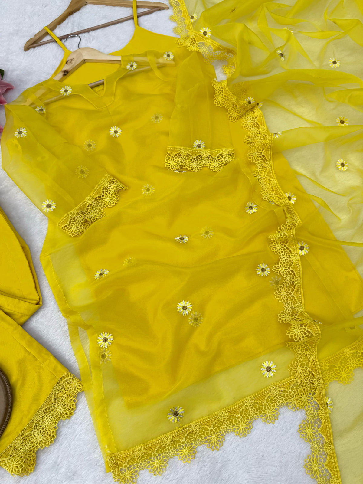 Nylon Organza 4-Piece Set with Thread Work, Fancy Lace & Dupatta