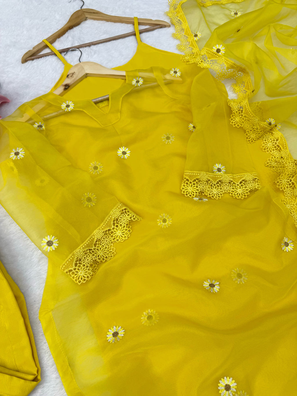 Nylon Organza 4-Piece Set with Thread Work, Fancy Lace & Dupatta