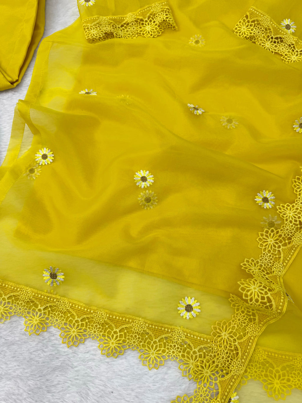 Nylon Organza 4-Piece Set with Thread Work, Fancy Lace & Dupatta