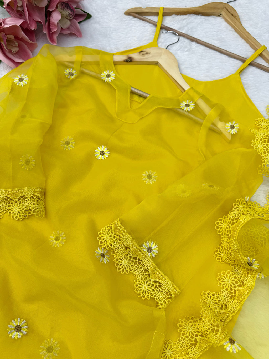 Nylon Organza 4-Piece Set with Thread Work, Fancy Lace & Dupatta