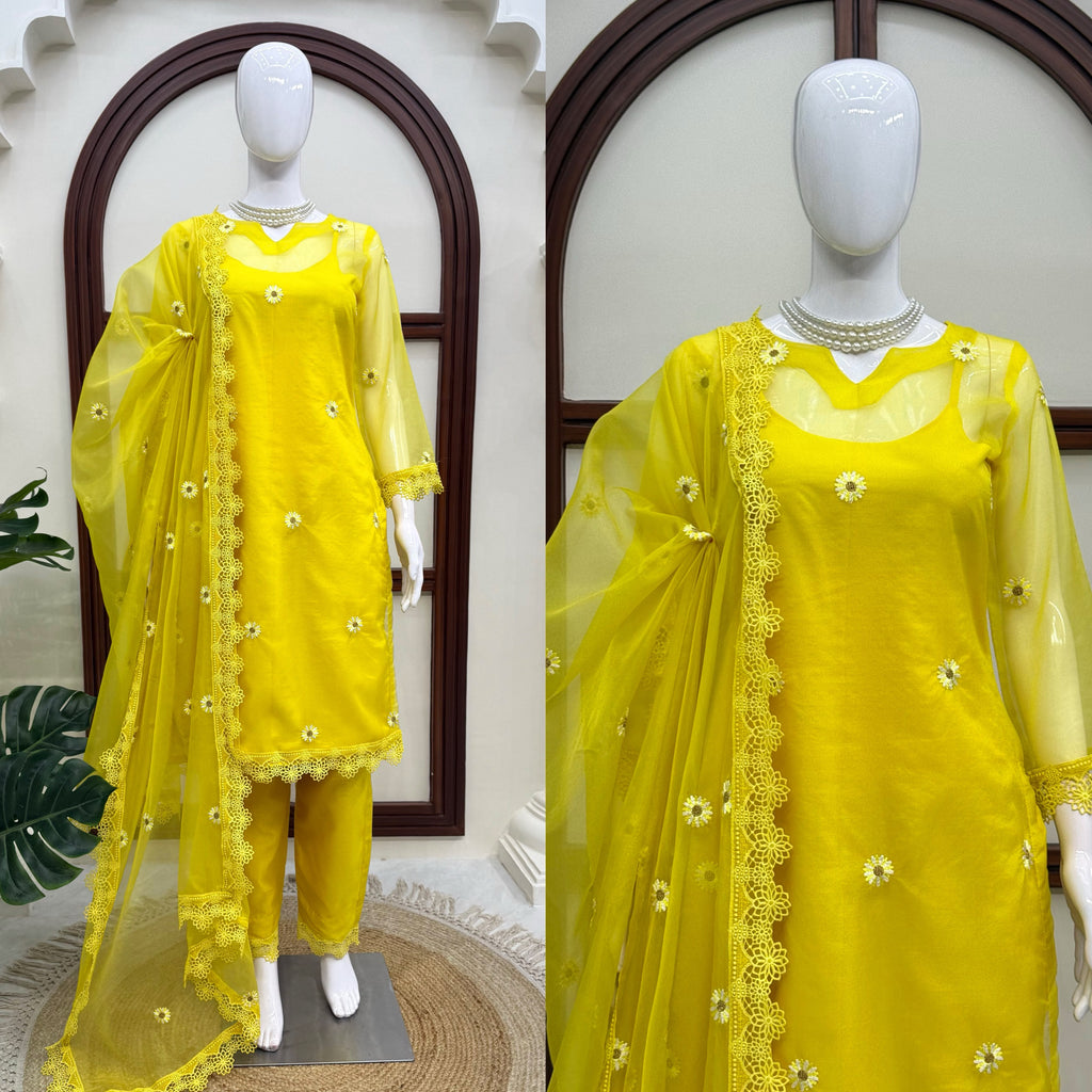 Nylon Organza 4-Piece Set with Thread Work, Fancy Lace & Dupatta