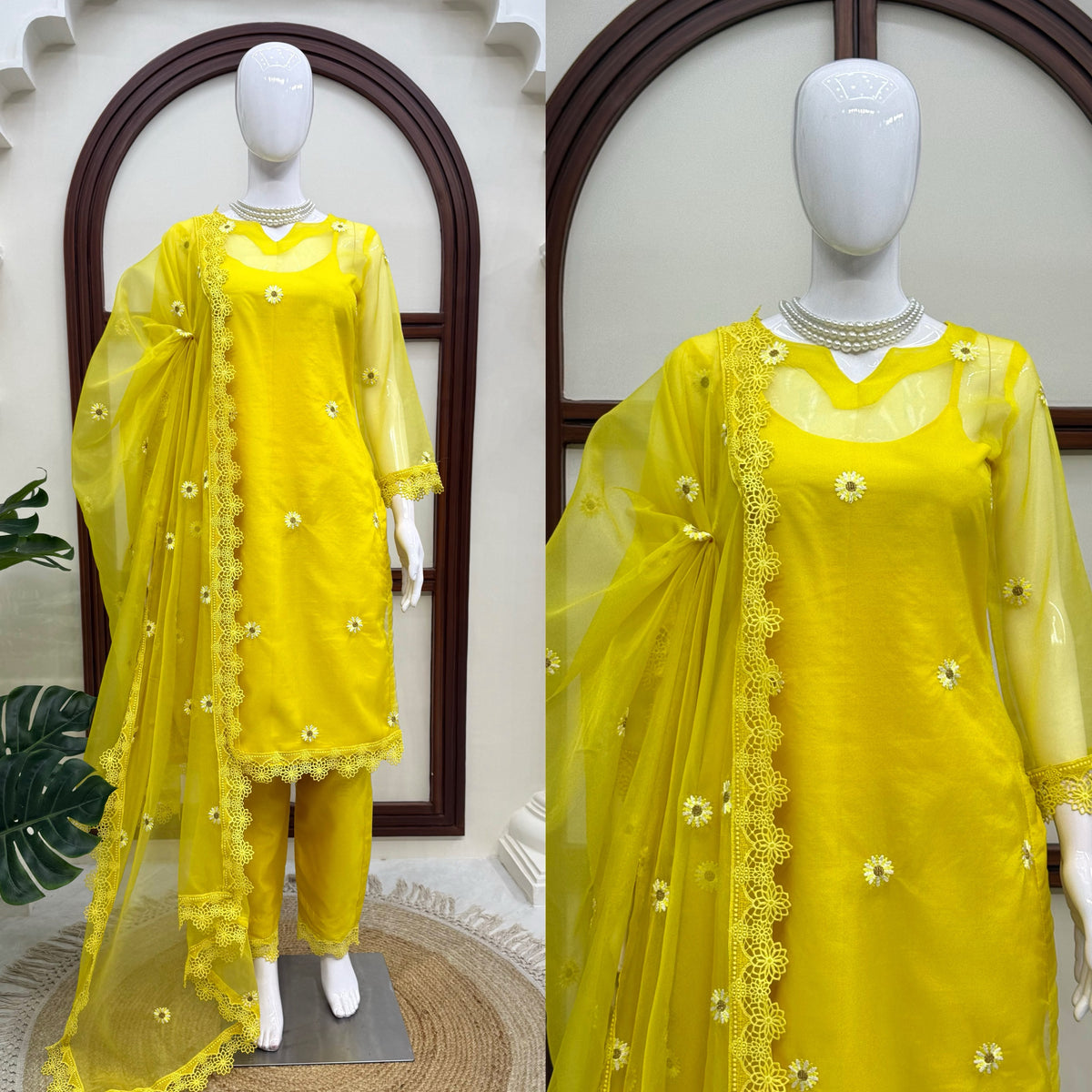 Nylon Organza 4-Piece Set with Thread Work, Fancy Lace & Dupatta