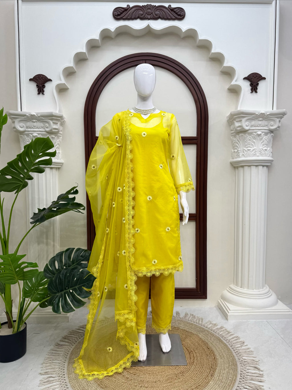 Nylon Organza 4-Piece Set with Thread Work, Fancy Lace & Dupatta