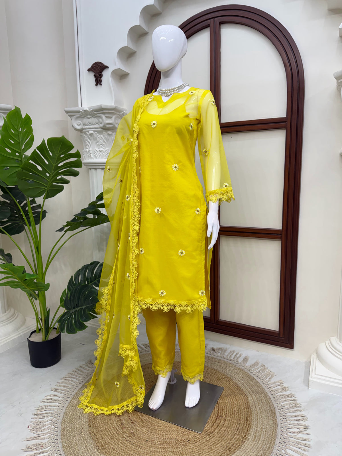 Nylon Organza 4-Piece Set with Thread Work, Fancy Lace & Dupatta