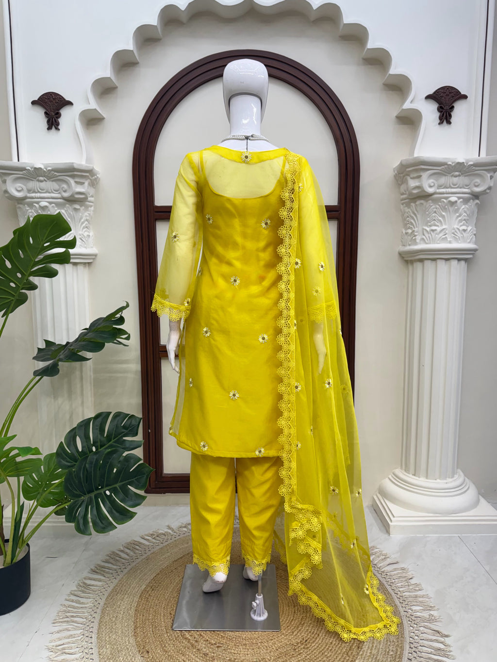 Nylon Organza 4-Piece Set with Thread Work, Fancy Lace & Dupatta