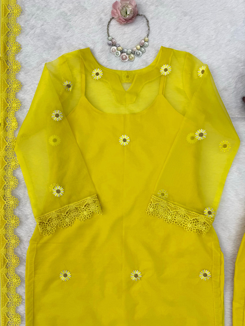 Nylon Organza 4-Piece Set with Thread Work, Fancy Lace & Dupatta