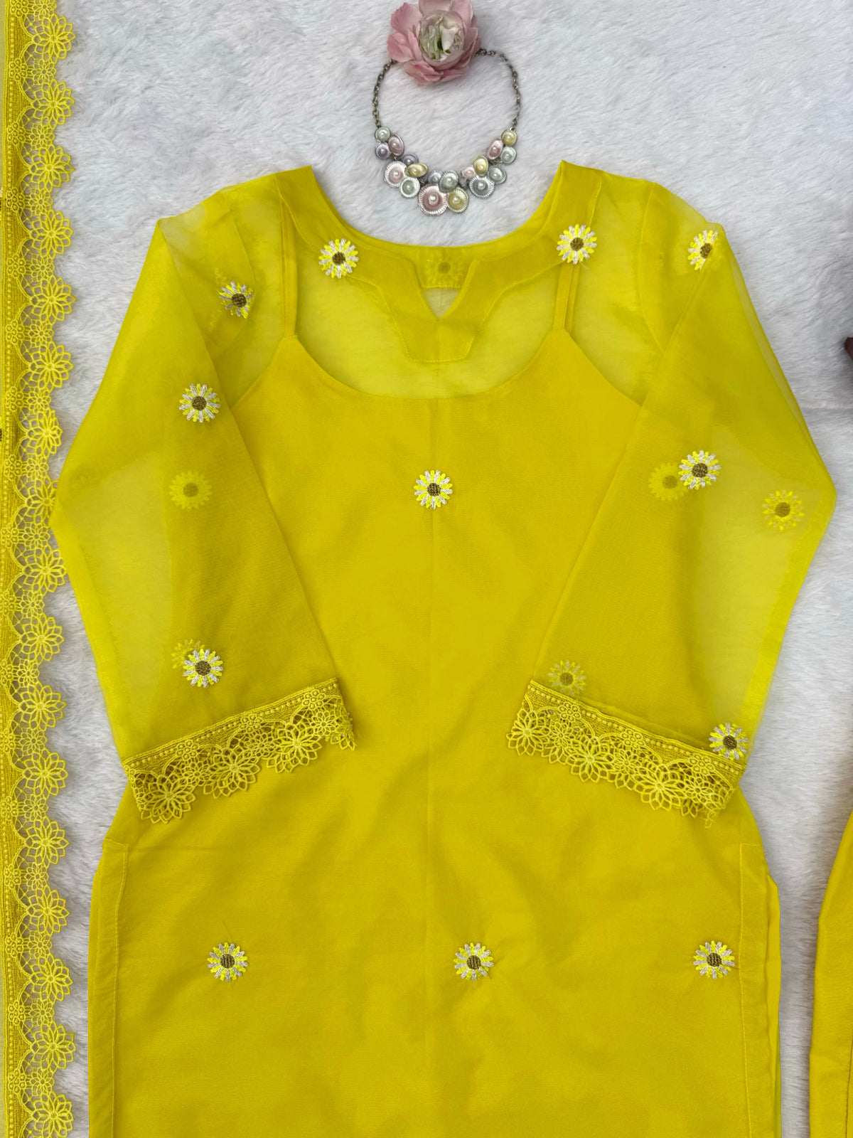 Nylon Organza 4-Piece Set with Thread Work, Fancy Lace & Dupatta