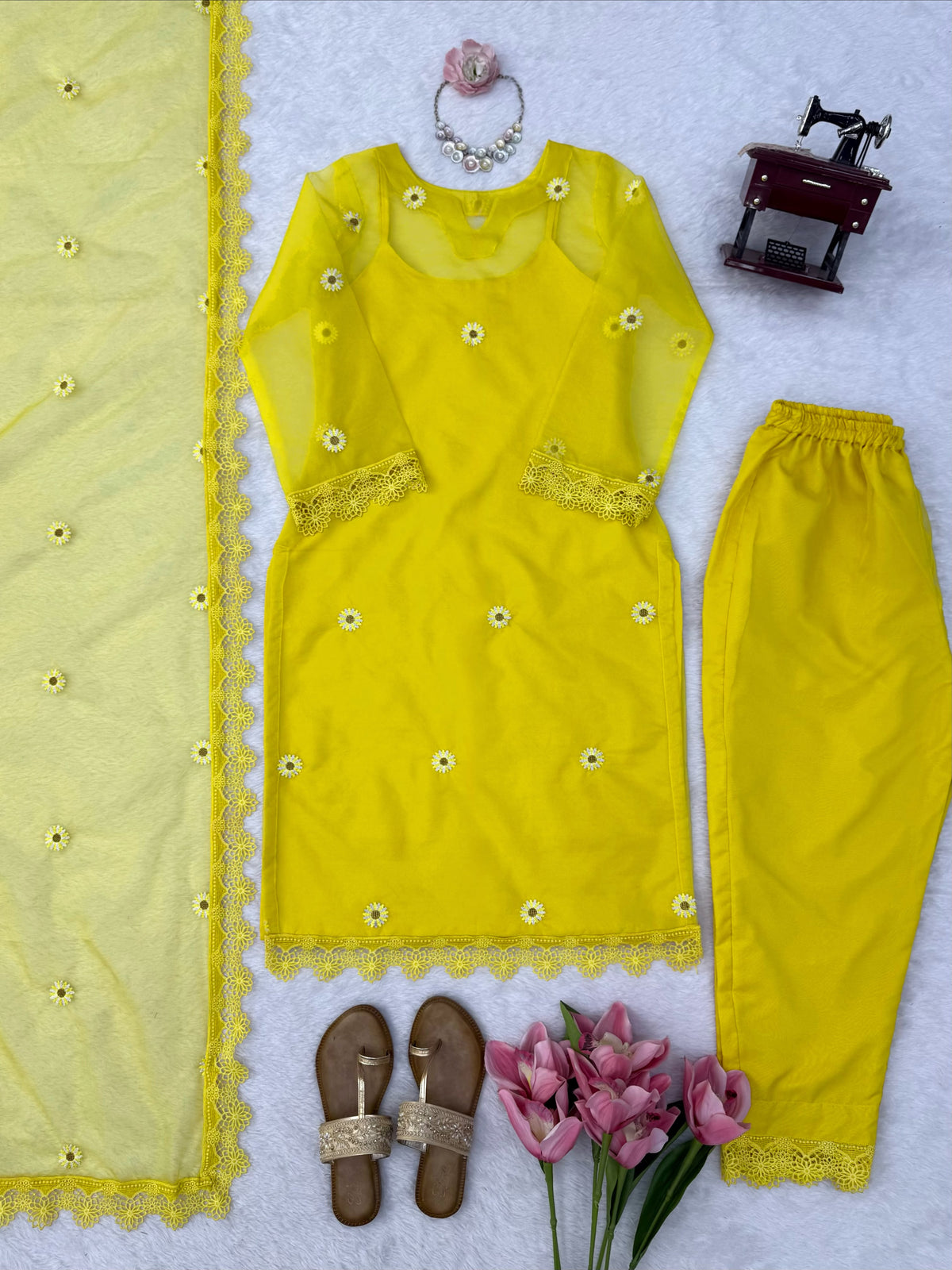 Nylon Organza 4-Piece Set with Thread Work, Fancy Lace & Dupatta
