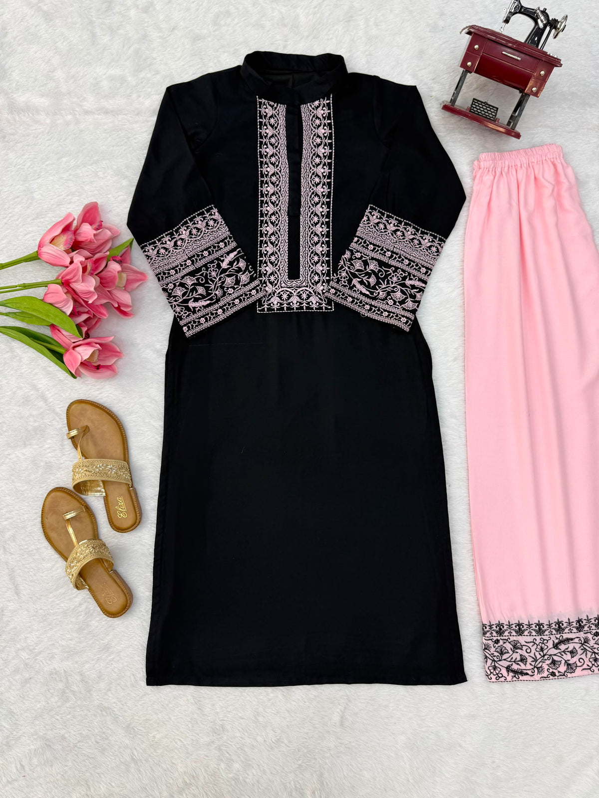 Rayon Cotton 2-Piece Top & Palazzo Set with Intricate Thread Work