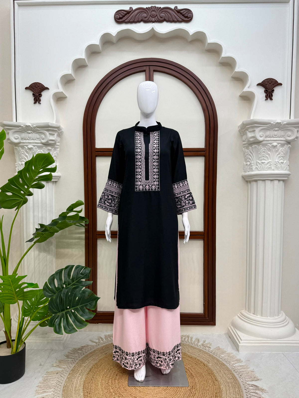Rayon Cotton 2-Piece Top & Palazzo Set with Intricate Thread Work