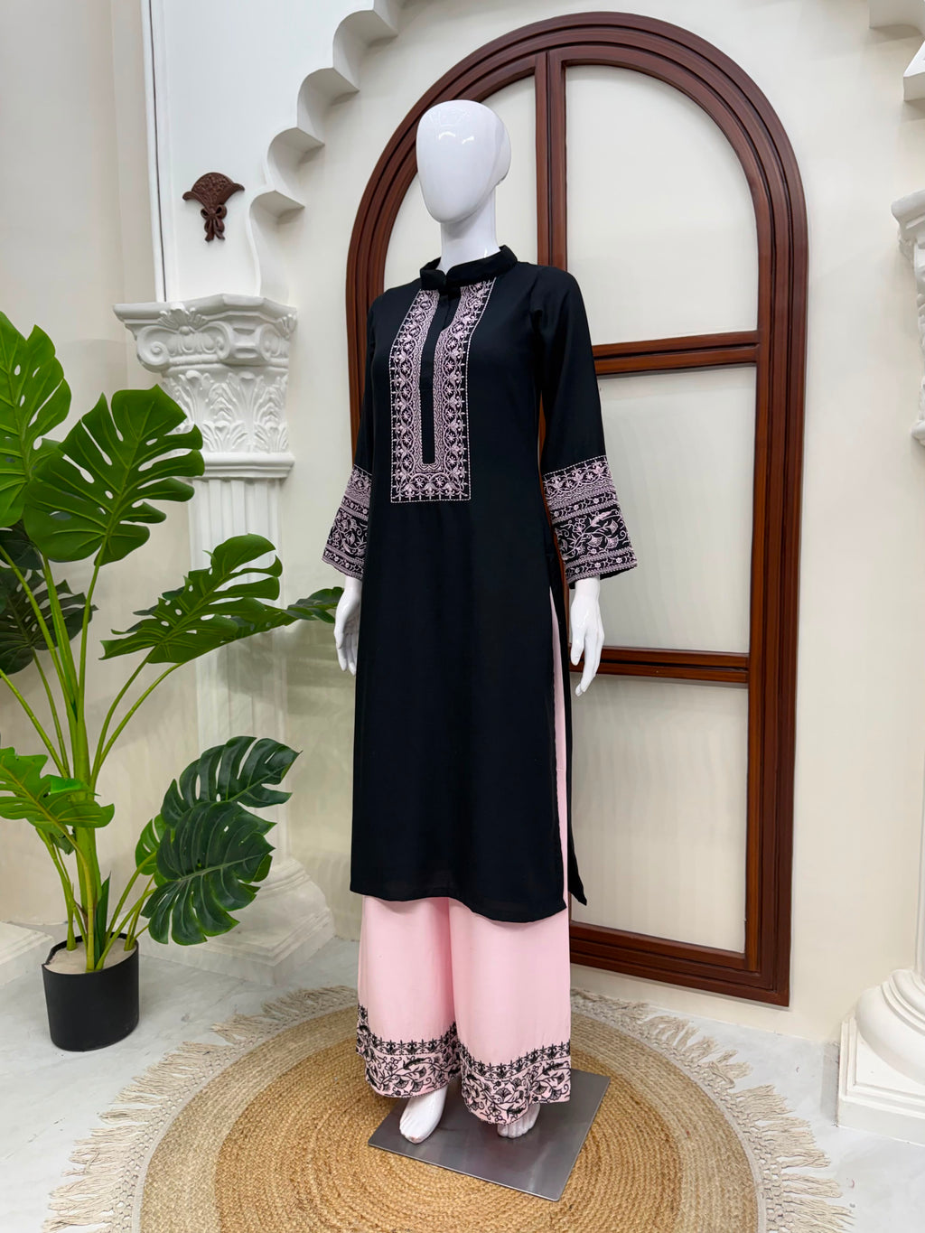 Rayon Cotton 2-Piece Top & Palazzo Set with Intricate Thread Work
