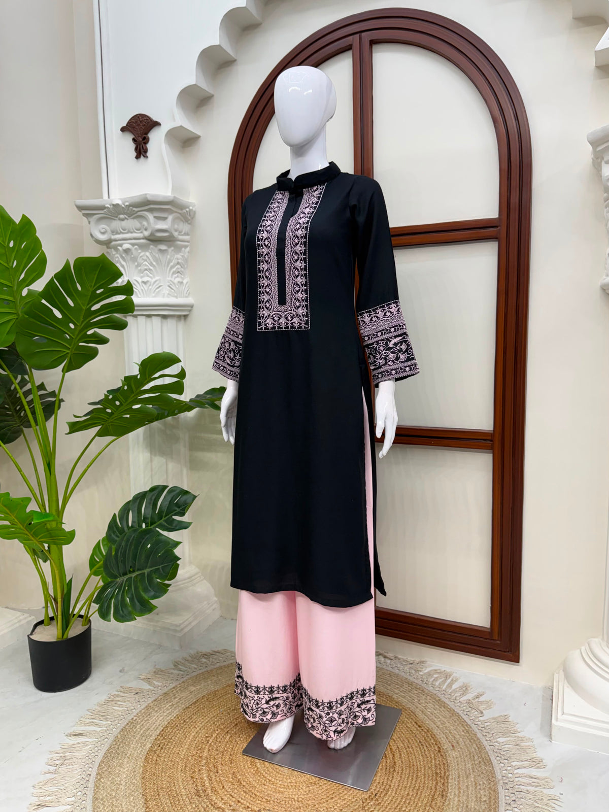 Rayon Cotton 2-Piece Top & Palazzo Set with Intricate Thread Work