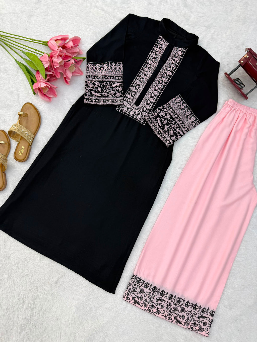 Rayon Cotton 2-Piece Top & Palazzo Set with Intricate Thread Work