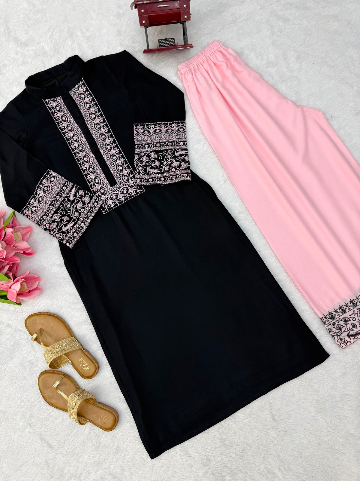 Rayon Cotton 2-Piece Top & Palazzo Set with Intricate Thread Work