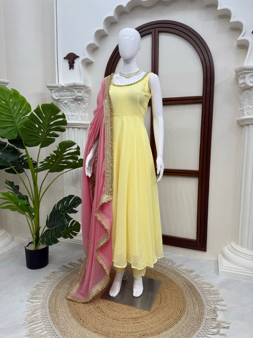 Faux Georgette 7M Flair Anarkali Set with Stone Lace Dupatta