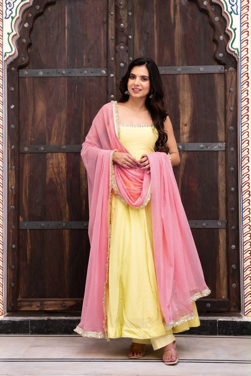 Faux Georgette 7M Flair Anarkali Set with Stone Lace Dupatta