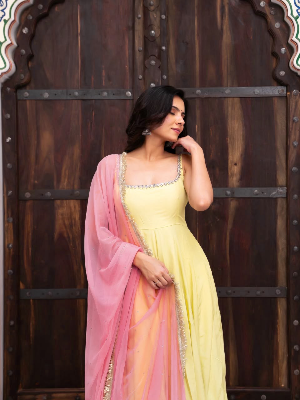 Faux Georgette 7M Flair Anarkali Set with Stone Lace Dupatta