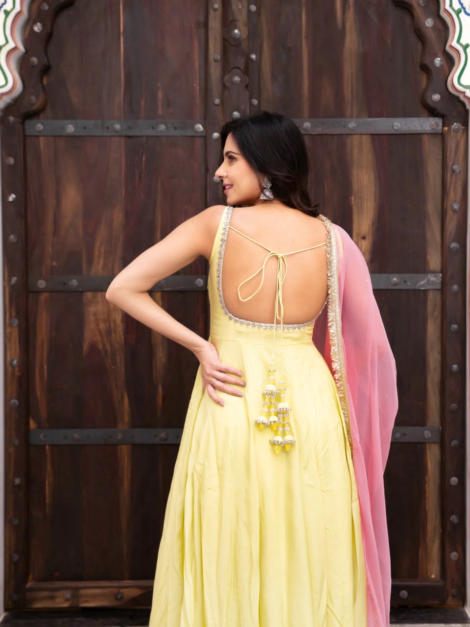 Faux Georgette 7M Flair Anarkali Set with Stone Lace Dupatta