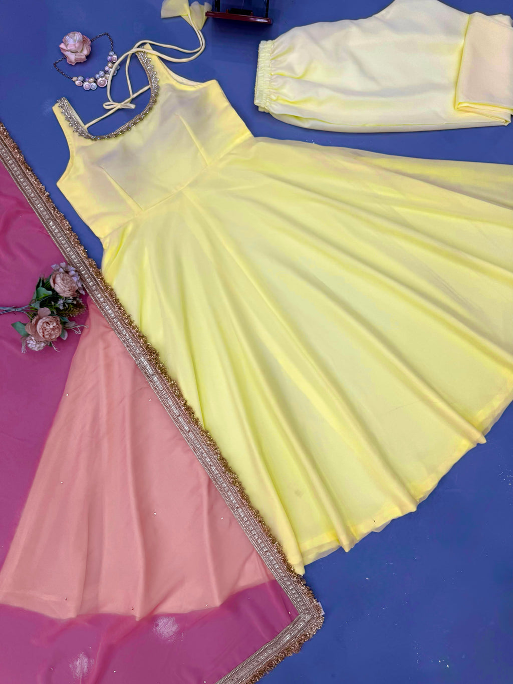 Faux Georgette 7M Flair Anarkali Set with Stone Lace Dupatta