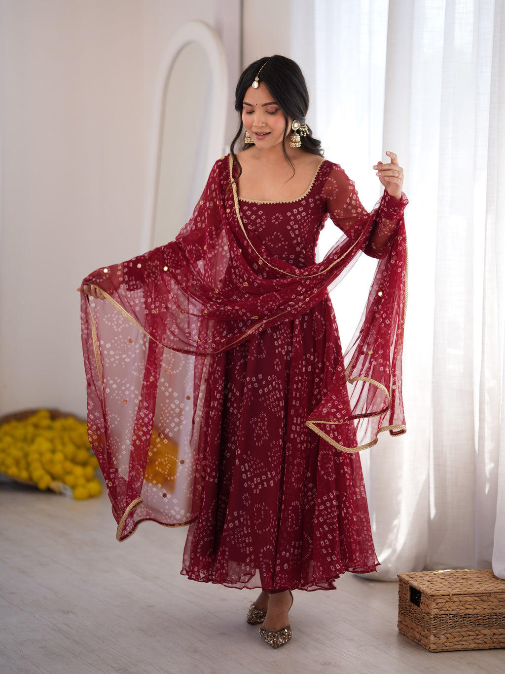 Digital Printed 7M Flair Anarkali Set with Real Mirror Work Dupatta