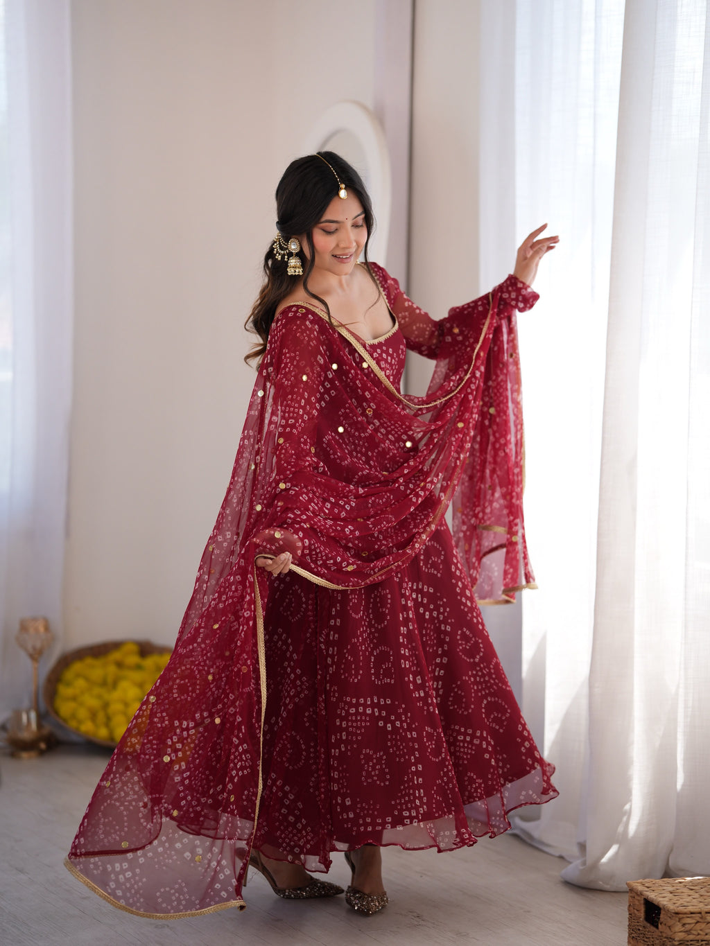 Digital Printed 7M Flair Anarkali Set with Real Mirror Work Dupatta
