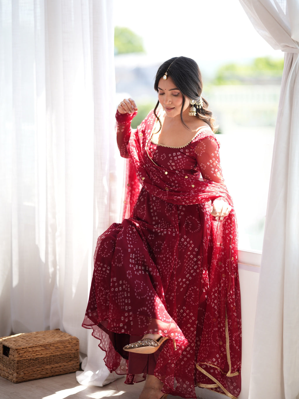 Digital Printed 7M Flair Anarkali Set with Real Mirror Work Dupatta