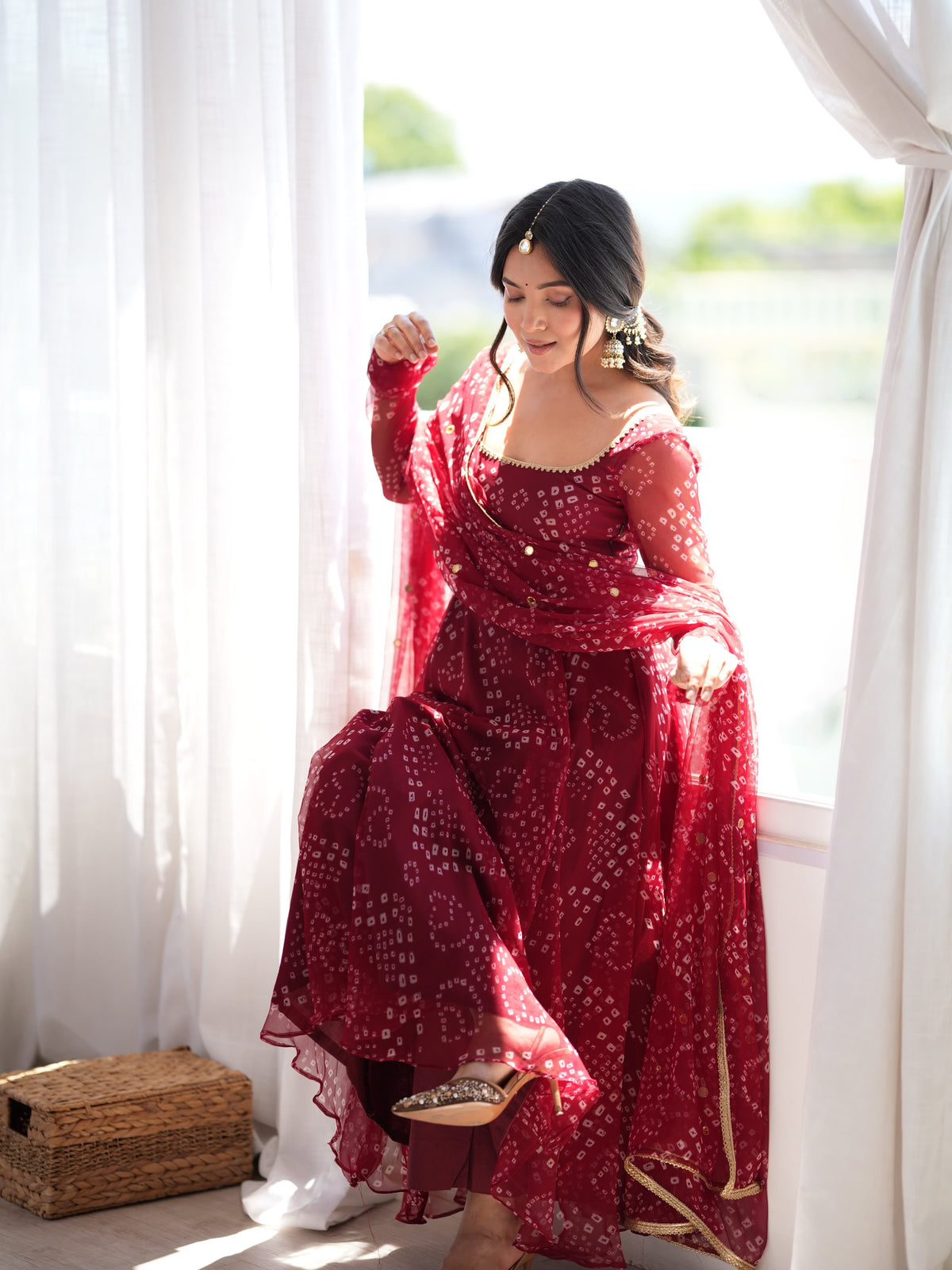 Digital Printed 7M Flair Anarkali Set with Real Mirror Work Dupatta