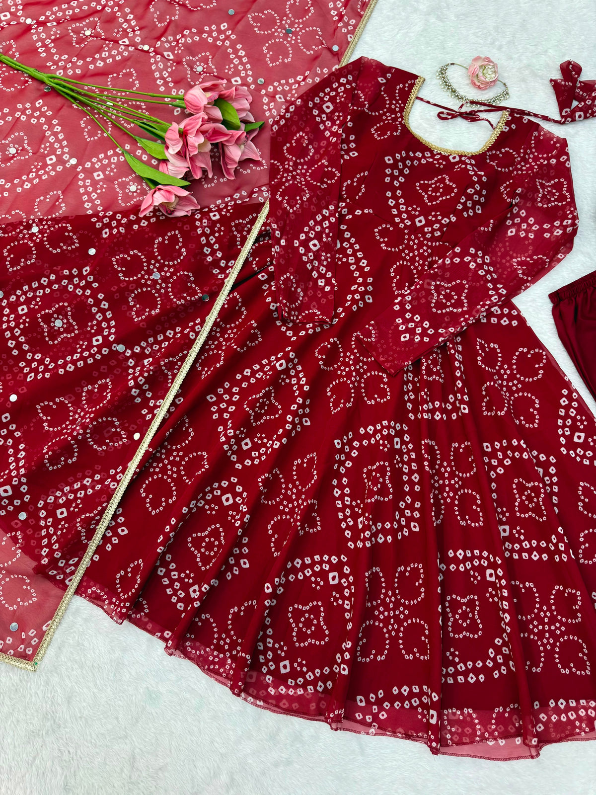 Digital Printed 7M Flair Anarkali Set with Real Mirror Work Dupatta