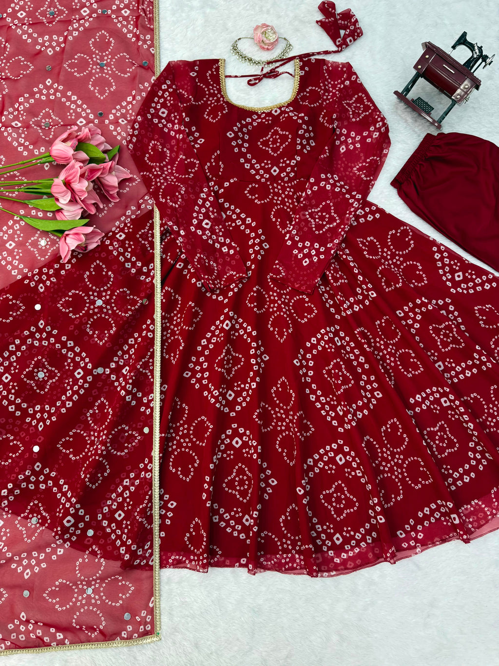 Digital Printed 7M Flair Anarkali Set with Real Mirror Work Dupatta