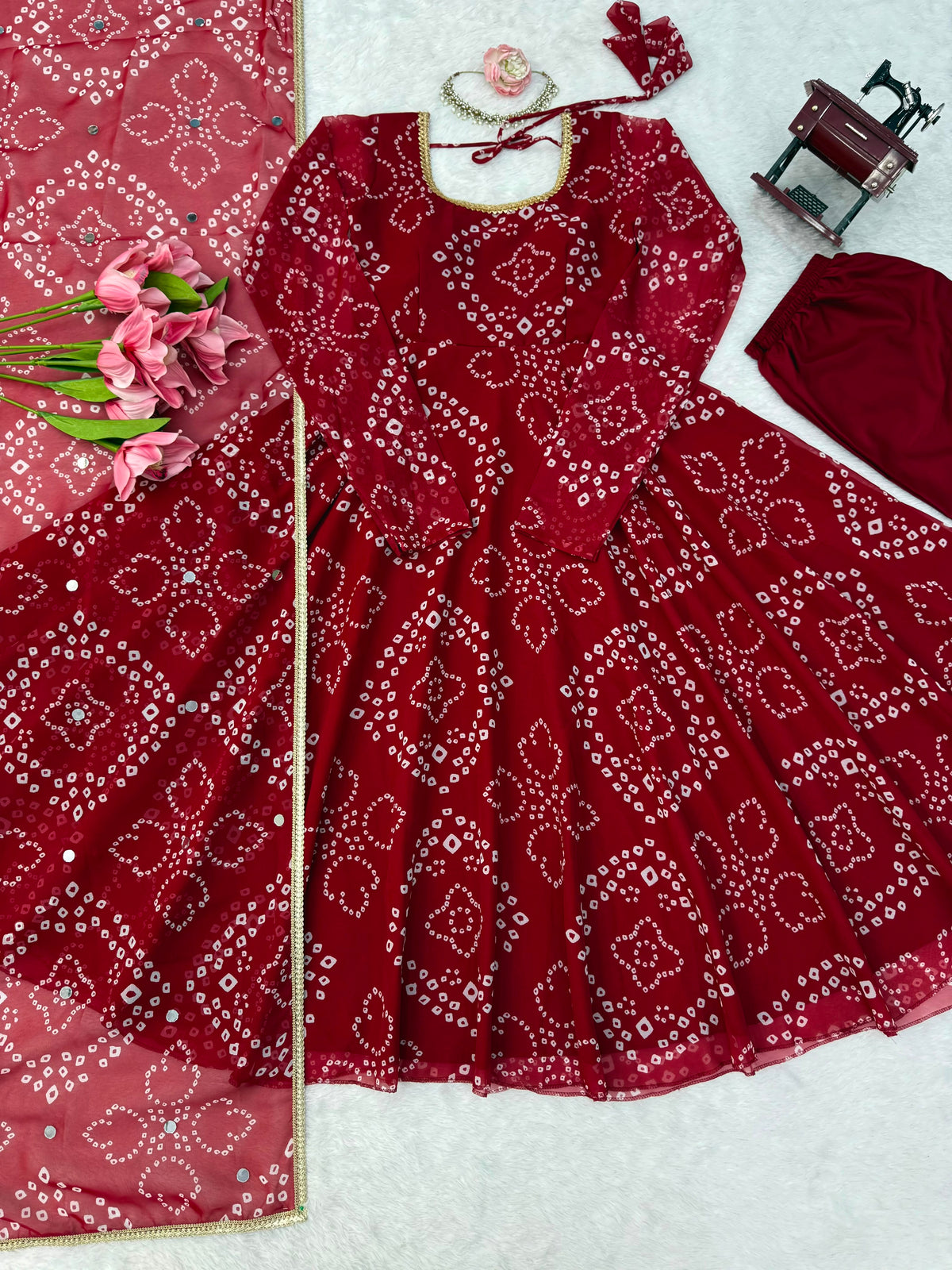 Digital Printed 7M Flair Anarkali Set with Real Mirror Work Dupatta