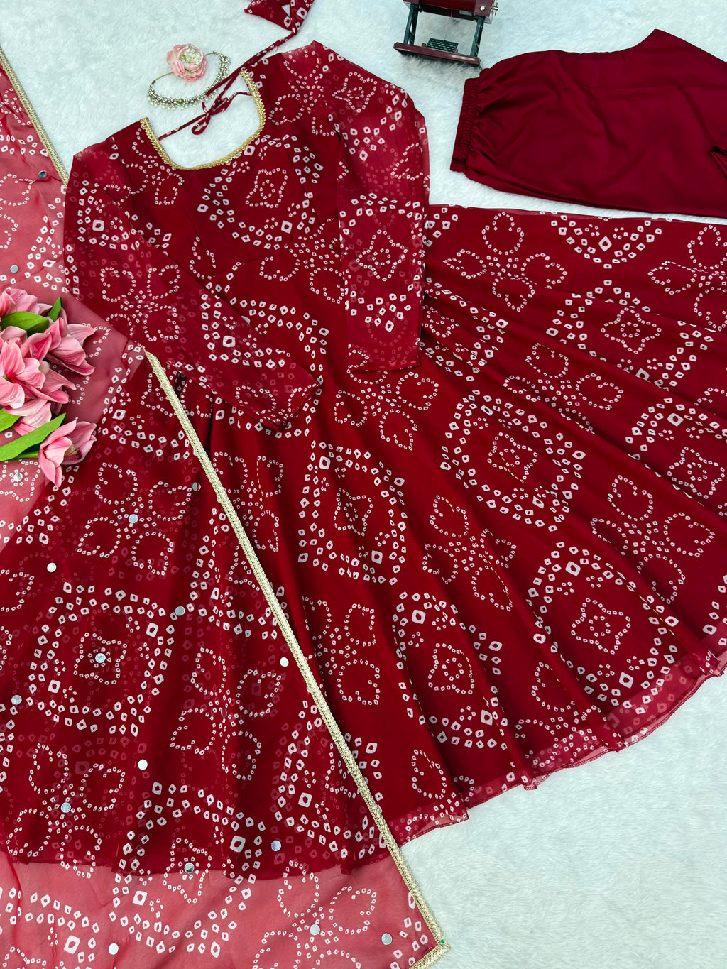 Digital Printed 7M Flair Anarkali Set with Real Mirror Work Dupatta