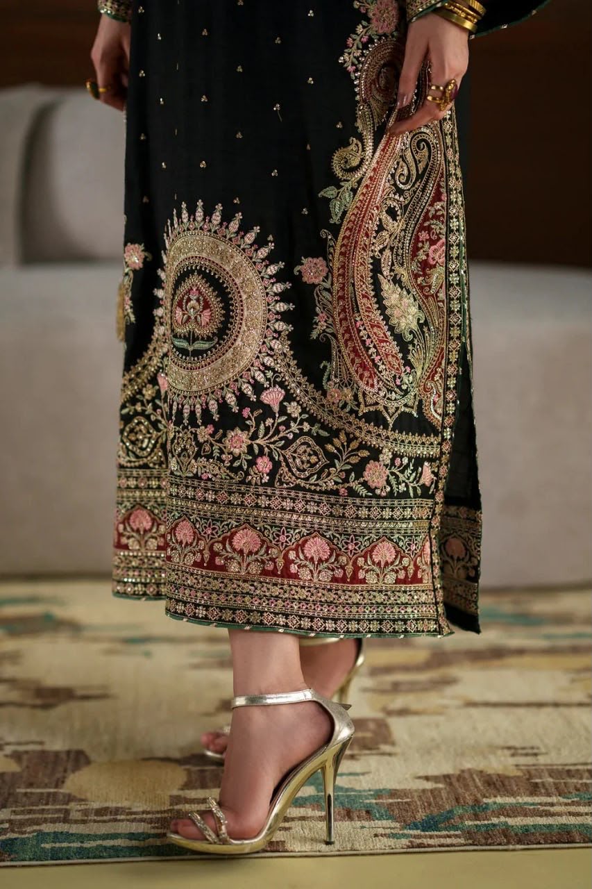 Kashmiri Style Biscuit Slub Kaftan Set with Thread & Sequin Embroidery