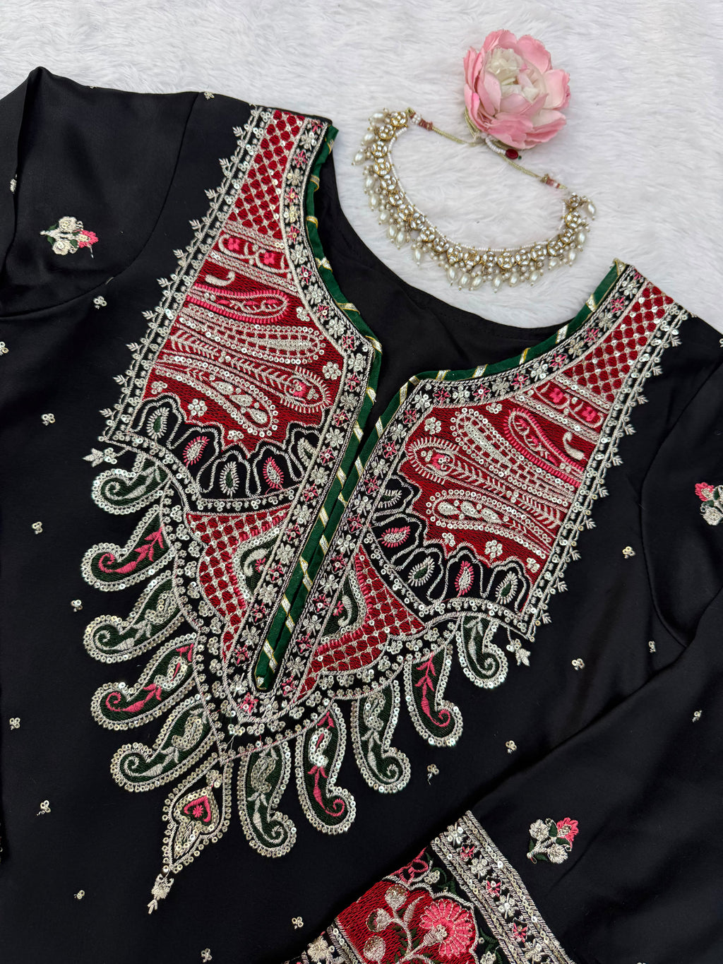 Kashmiri Style Biscuit Slub Kaftan Set with Thread & Sequin Embroidery