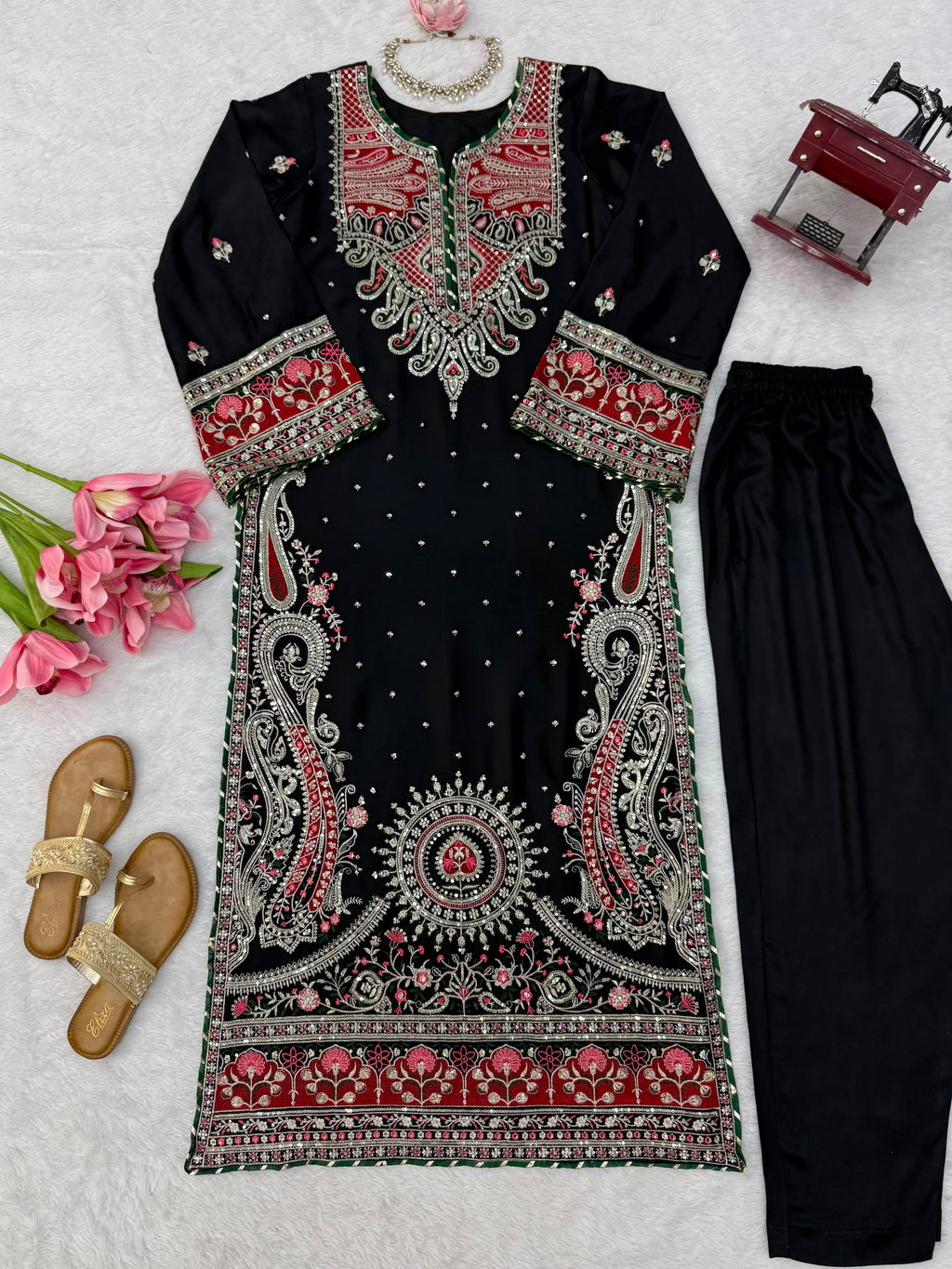 Kashmiri Style Biscuit Slub Kaftan Set with Thread & Sequin Embroidery