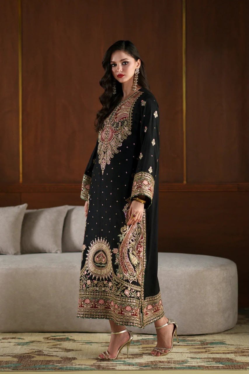 Kashmiri Style Biscuit Slub Kaftan Set with Thread & Sequin Embroidery