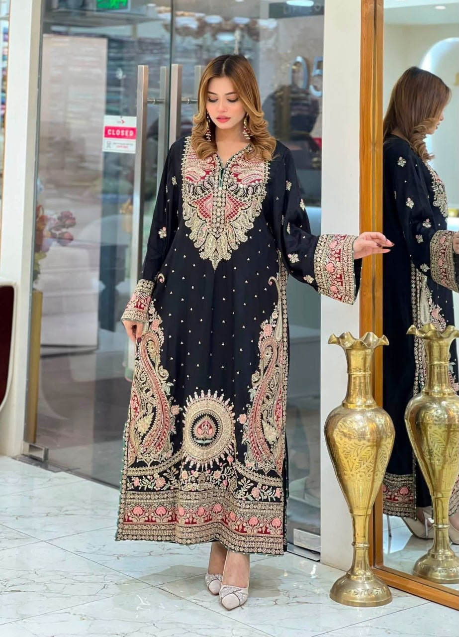 Kashmiri Style Biscuit Slub Kaftan Set with Thread & Sequin Embroidery