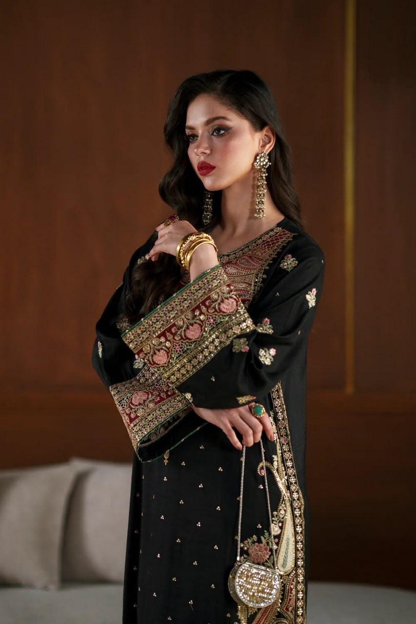 Kashmiri Style Biscuit Slub Kaftan Set with Thread & Sequin Embroidery