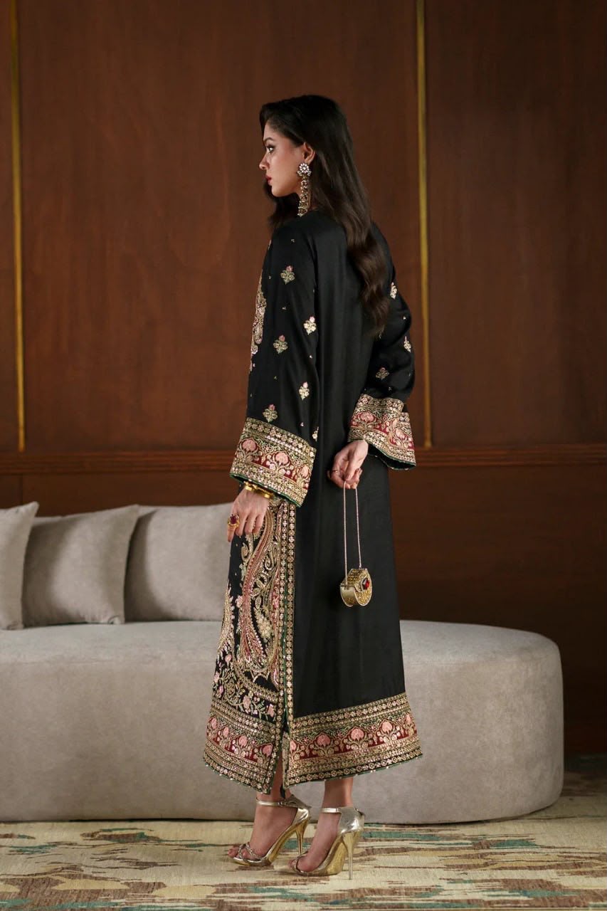 Kashmiri Style Biscuit Slub Kaftan Set with Thread & Sequin Embroidery