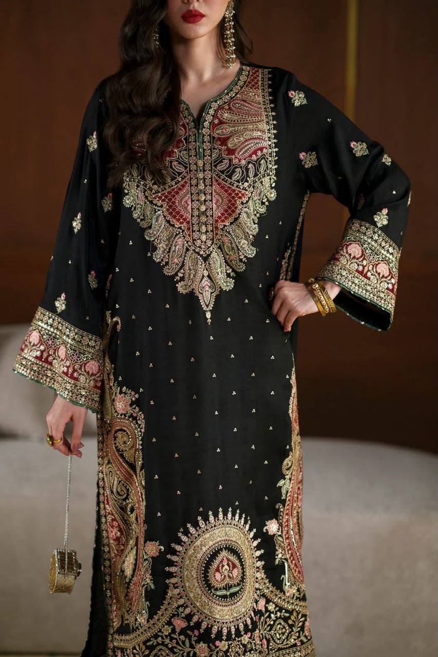 Kashmiri Style Biscuit Slub Kaftan Set with Thread & Sequin Embroidery