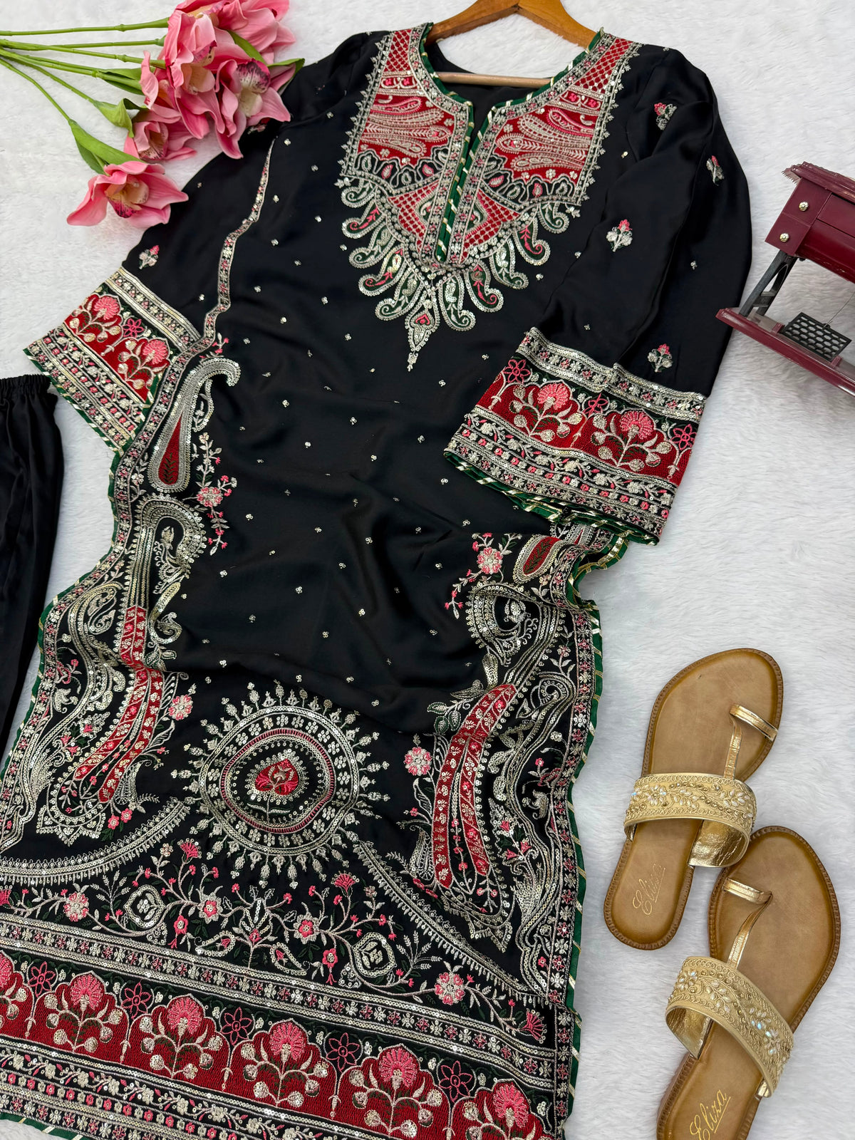Kashmiri Style Biscuit Slub Kaftan Set with Thread & Sequin Embroidery