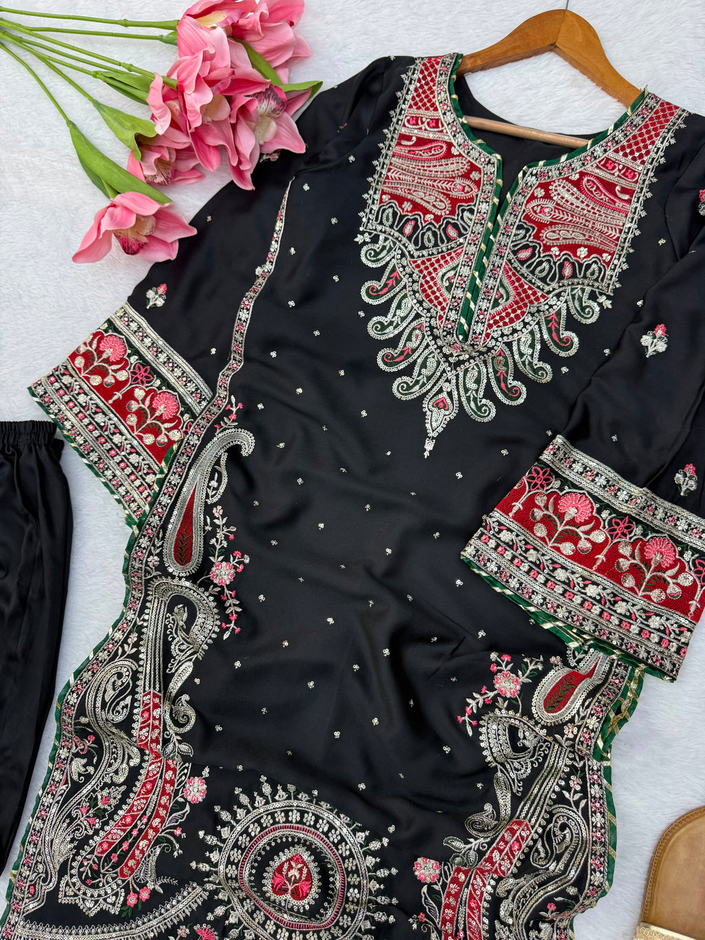 Kashmiri Style Biscuit Slub Kaftan Set with Thread & Sequin Embroidery
