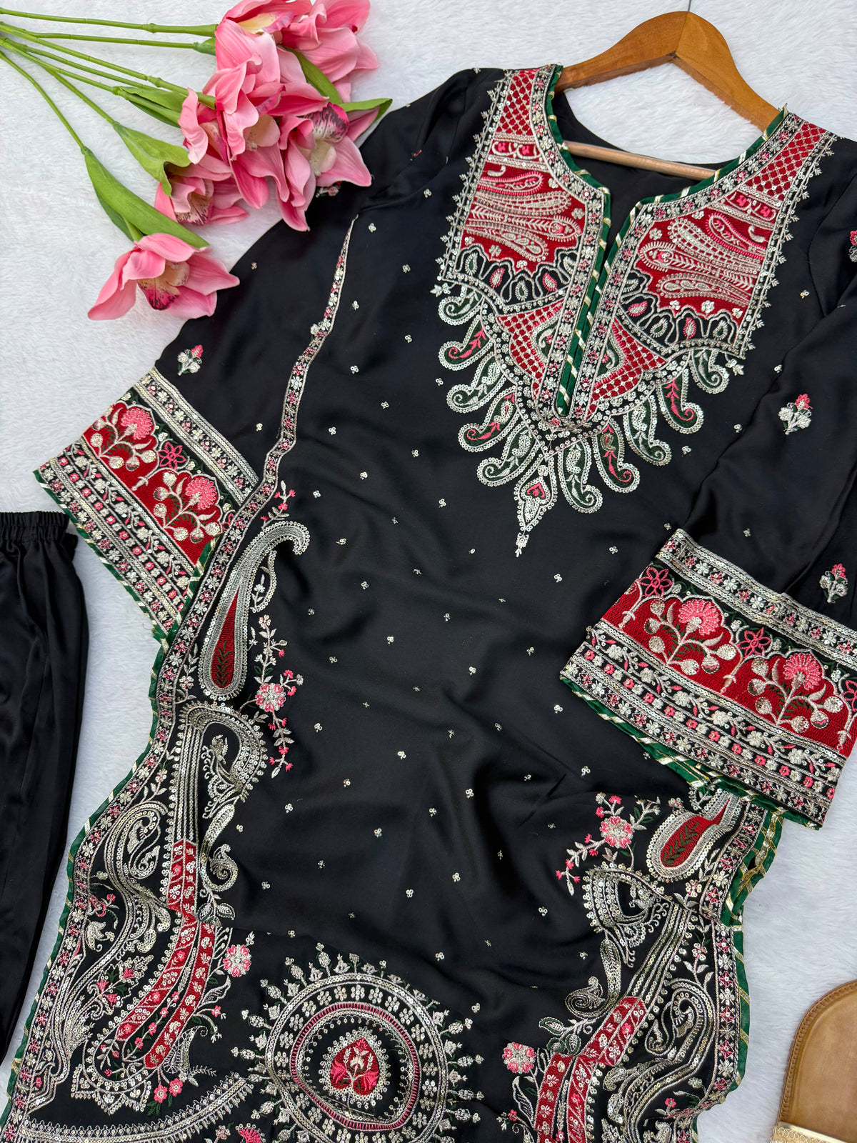Kashmiri Style Biscuit Slub Kaftan Set with Thread & Sequin Embroidery